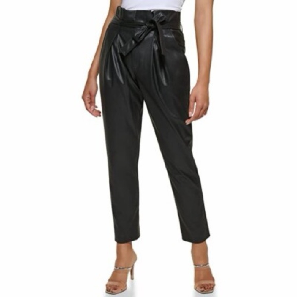 DKNY Belted Sleek Vegan Leather High-Rise Ankle Black Pants Size 18
